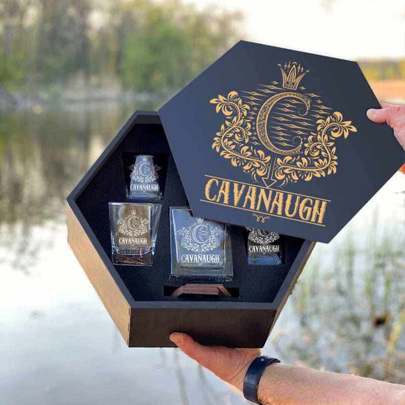 CAVANAUGH - WHISKEY SET (Wooden box + Decanter + 4 Glasses + 4 Coasters), Best Father's Day Gifts for Your Dad and Grandfather