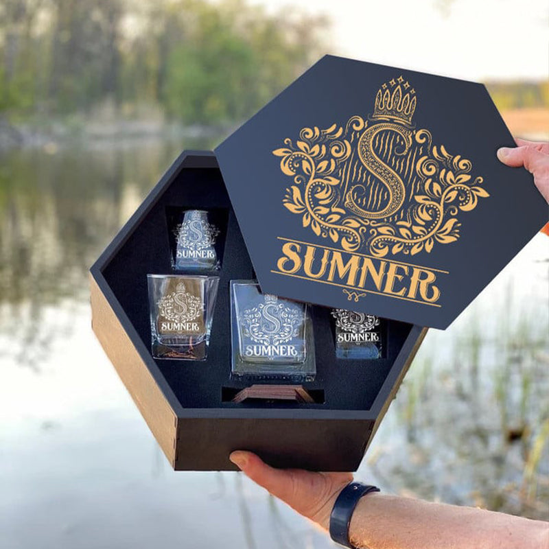 SUMNER - WHISKEY SET (Wooden box + Decanter + 4 Glasses + 4 Coasters), Perfect Father's Day Gift For Dad & Grandpa