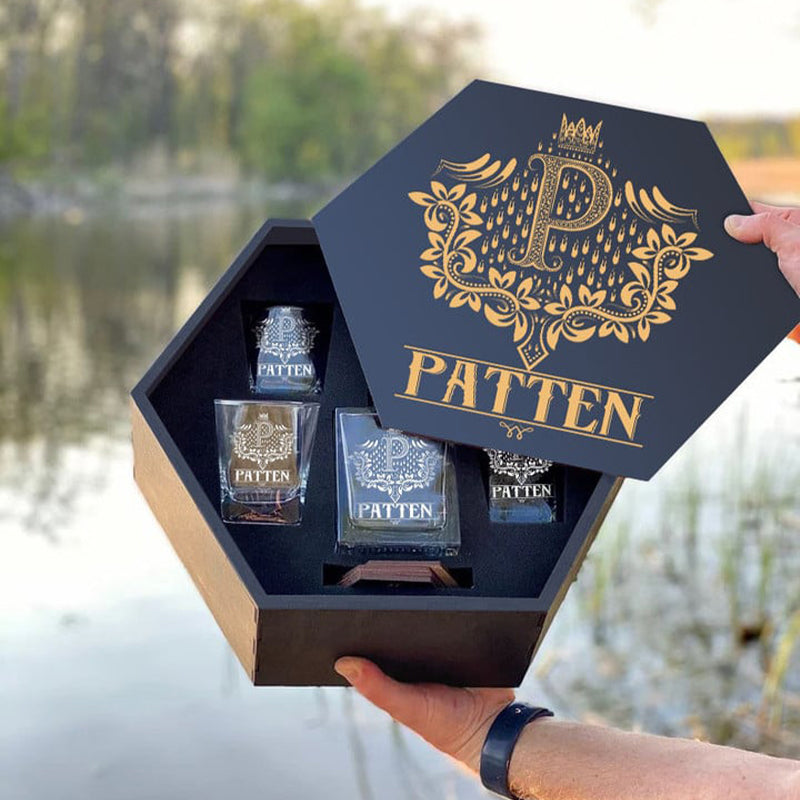 PATTEN - WHISKEY SET (Wooden box + Decanter + 4 Glasses + 4 Coasters), Ideal Father's Day Presents for Dad and Grandpa