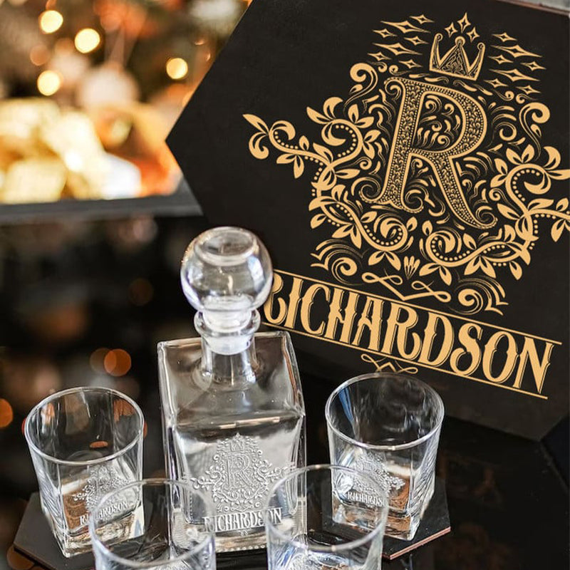 RICHARDSON - WHISKEY SET (Wooden box + Decanter + 4 Glasses + 4 Coasters), Perfect Father's Day Gift For Dad & Grandpa