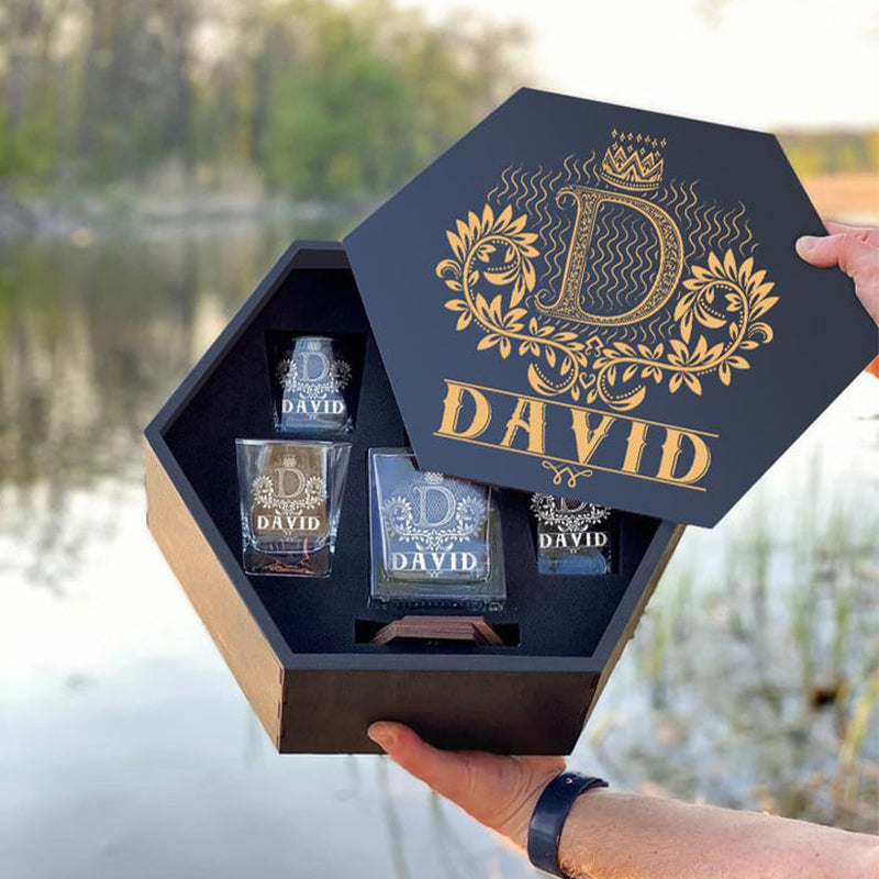 DAVID - WHISKEY SET (Wooden box + Decanter + 4 Glasses + 4 Coasters), Special Father's Day Presents for Dad & Grandpa