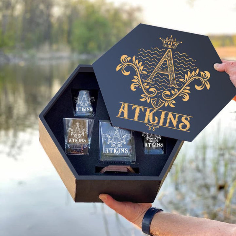 ATKINS - WHISKEY SET (Wooden box + Decanter + 4 Glasses + 4 Coasters), Top Choice for Father's Day Gifts, For Dad & Grandpa