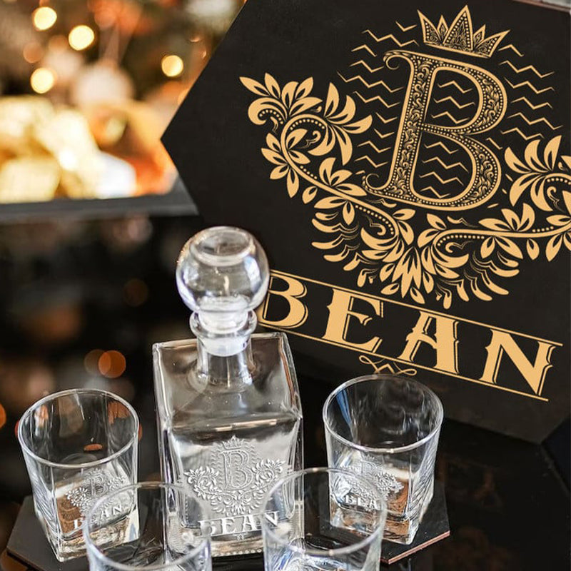 BEAN - WHISKEY SET (Wooden box + Decanter + 4 Glasses + 4 Coasters), Perfect Father's Day Gift For Dad & Grandpa