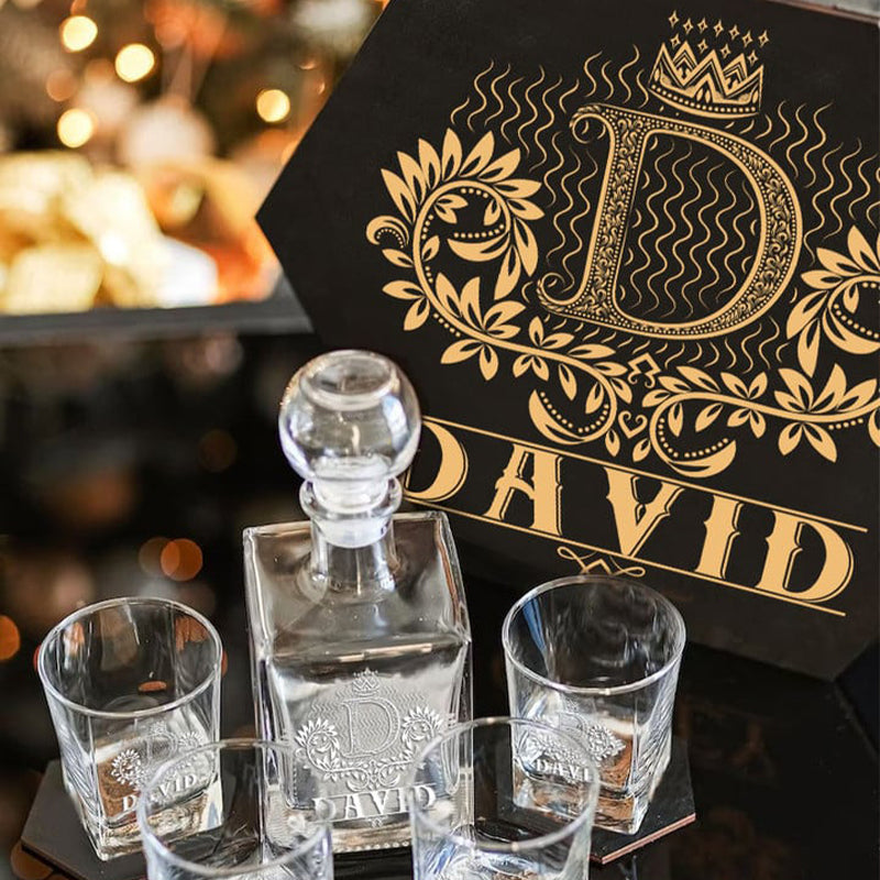 DAVID - WHISKEY SET (Wooden box + Decanter + 4 Glasses + 4 Coasters), Special Father's Day Presents for Dad & Grandpa