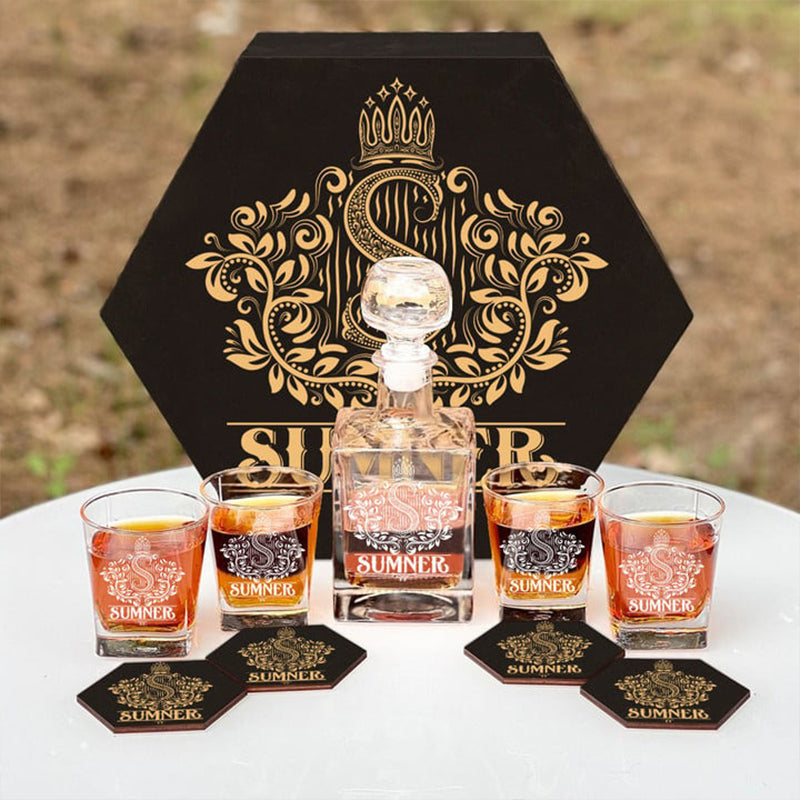 SUMNER - WHISKEY SET (Wooden box + Decanter + 4 Glasses + 4 Coasters), Perfect Father's Day Gift For Dad & Grandpa
