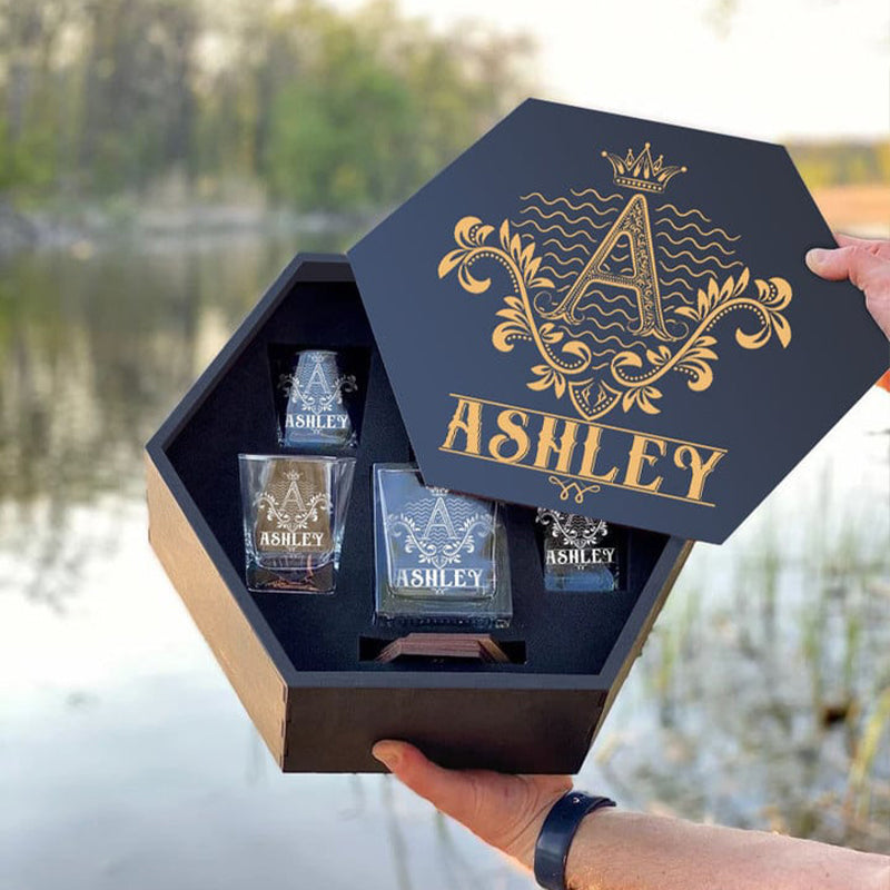 ASHLEY - WHISKEY SET (Wooden box + Decanter + 4 Glasses + 4 Coasters), Perfect Father's Day Gift For Dad & Grandpa