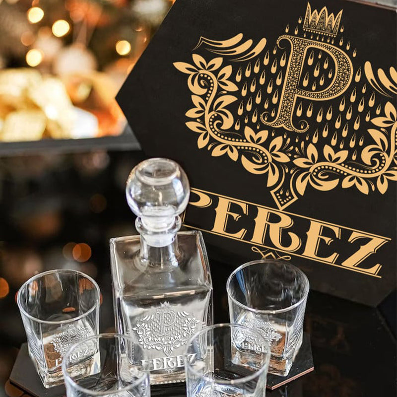 PEREZ - WHISKEY SET (Wooden box + Decanter + 4 Glasses + 4 Coasters), Special Father's Day Presents for Dad & Grandpa