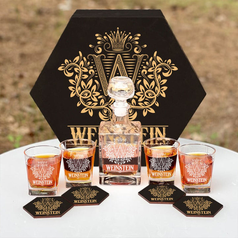 WEINSTEIN - WHISKEY SET (Wooden box + Decanter + 4 Glasses + 4 Coasters), Special Father's Day Presents for Dad & Grandpa