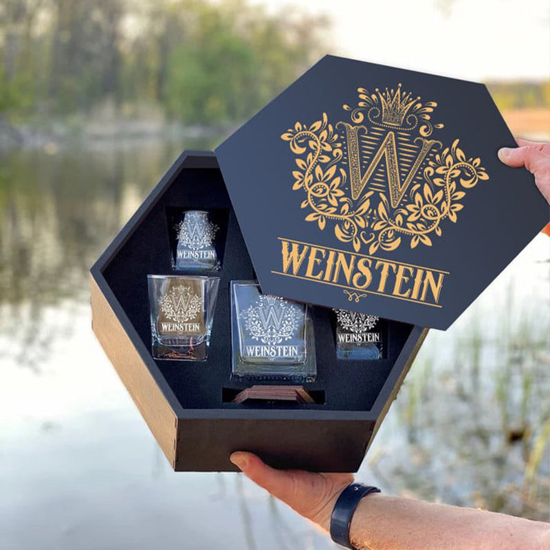 WEINSTEIN - WHISKEY SET (Wooden box + Decanter + 4 Glasses + 4 Coasters), Special Father's Day Presents for Dad & Grandpa