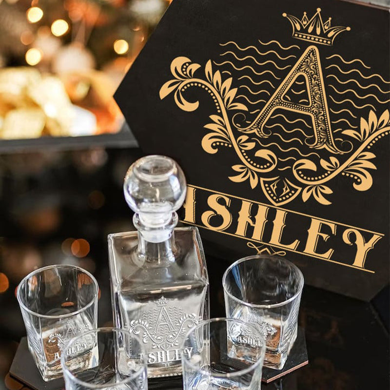 ASHLEY - WHISKEY SET (Wooden box + Decanter + 4 Glasses + 4 Coasters), Perfect Father's Day Gift For Dad & Grandpa