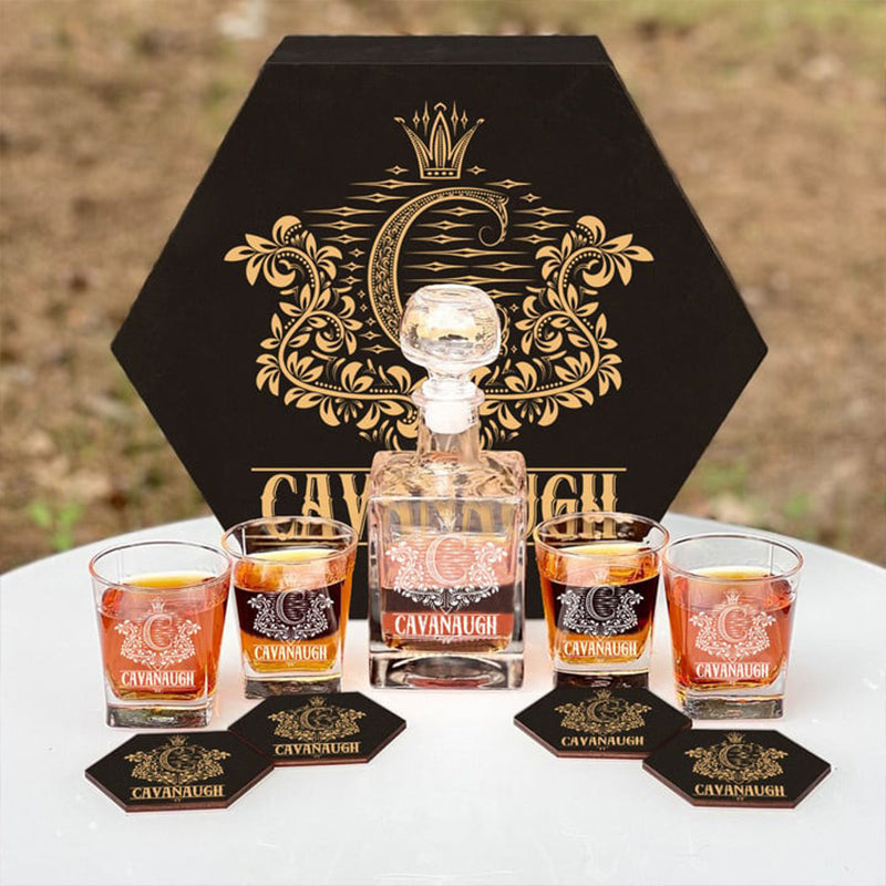 CAVANAUGH - WHISKEY SET (Wooden box + Decanter + 4 Glasses + 4 Coasters), Best Father's Day Gifts for Your Dad and Grandfather