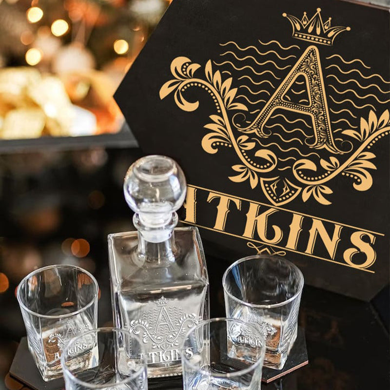 ATKINS - WHISKEY SET (Wooden box + Decanter + 4 Glasses + 4 Coasters), Top Choice for Father's Day Gifts, For Dad & Grandpa