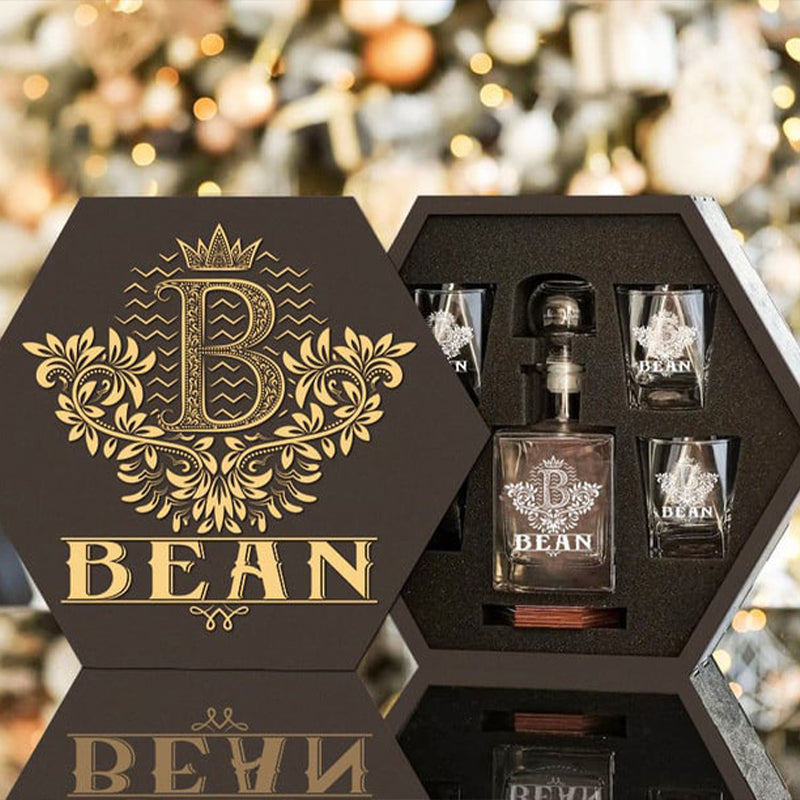 BEAN - WHISKEY SET (Wooden box + Decanter + 4 Glasses + 4 Coasters), Perfect Father's Day Gift For Dad & Grandpa