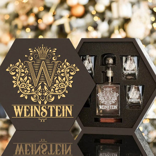 WEINSTEIN - WHISKEY SET (Wooden box + Decanter + 4 Glasses + 4 Coasters), Special Father's Day Presents for Dad & Grandpa