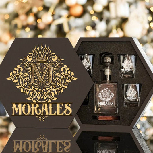 MORALES - WHISKEY SET (Wooden box + Decanter + 4 Glasses + 4 Coasters)For Dad & Grandpa, The Perfect Gift for Dad & Grandpa