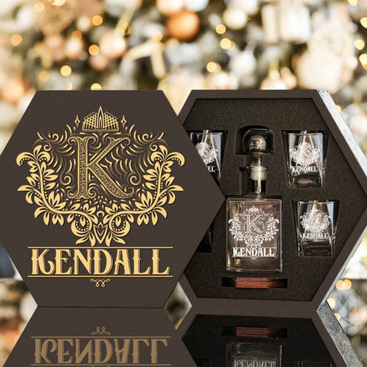 KENDALL - WHISKEY SET (Wooden box + Decanter + 4 Glasses + 4 Coasters), Wonderful Father's Day Gift Choices for Dad and Grandpa