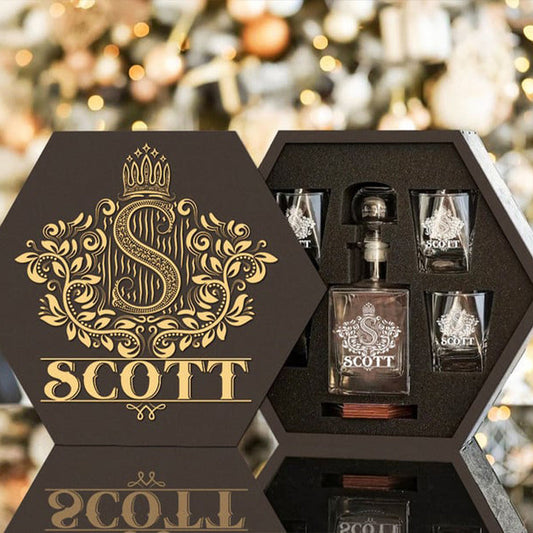 SCOTT - WHISKEY SET (Wooden box + Decanter + 4 Glasses + 4 Coasters)