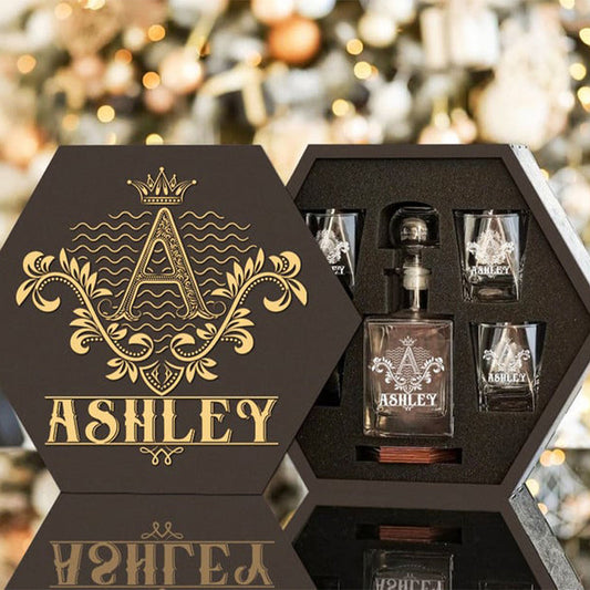 ASHLEY - WHISKEY SET (Wooden box + Decanter + 4 Glasses + 4 Coasters), Perfect Father's Day Gift For Dad & Grandpa