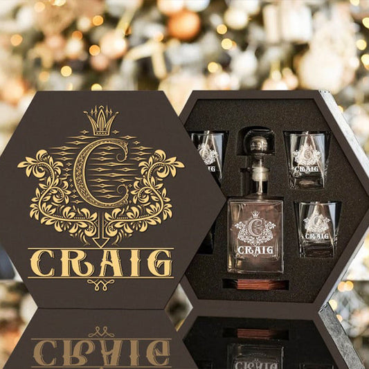 CRAIG - WHISKEY SET (Wooden box + Decanter + 4 Glasses + 4 Coasters)