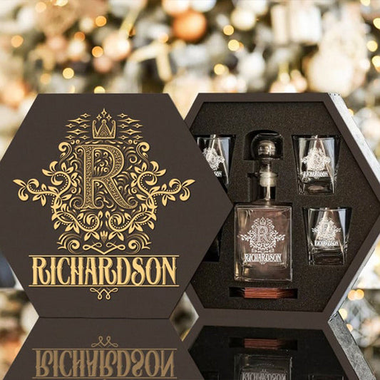 RICHARDSON - WHISKEY SET (Wooden box + Decanter + 4 Glasses + 4 Coasters), Perfect Father's Day Gift For Dad & Grandpa