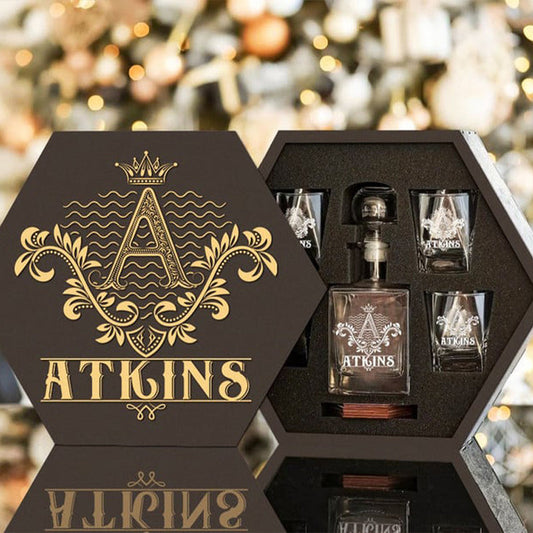 ATKINS - WHISKEY SET (Wooden box + Decanter + 4 Glasses + 4 Coasters), Top Choice for Father's Day Gifts, For Dad & Grandpa