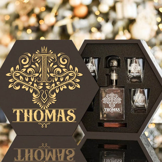THOMAS - WHISKEY SET (Wooden box + Decanter + 4 Glasses + 4 Coasters), Perfect Father's Day Gift For Dad & Grandpa