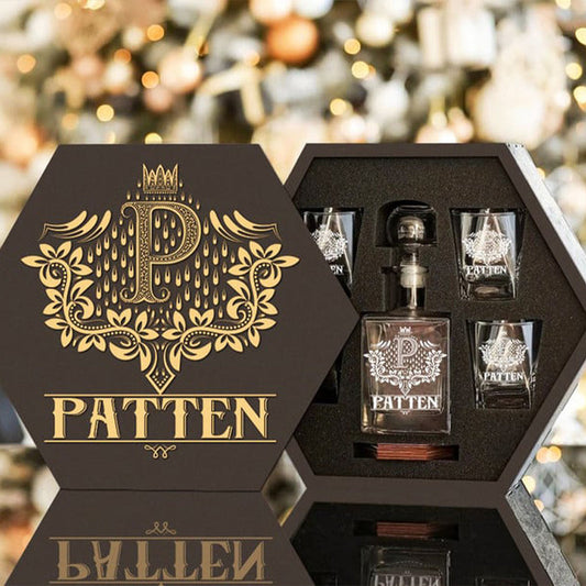 PATTEN - WHISKEY SET (Wooden box + Decanter + 4 Glasses + 4 Coasters), Ideal Father's Day Presents for Dad and Grandpa