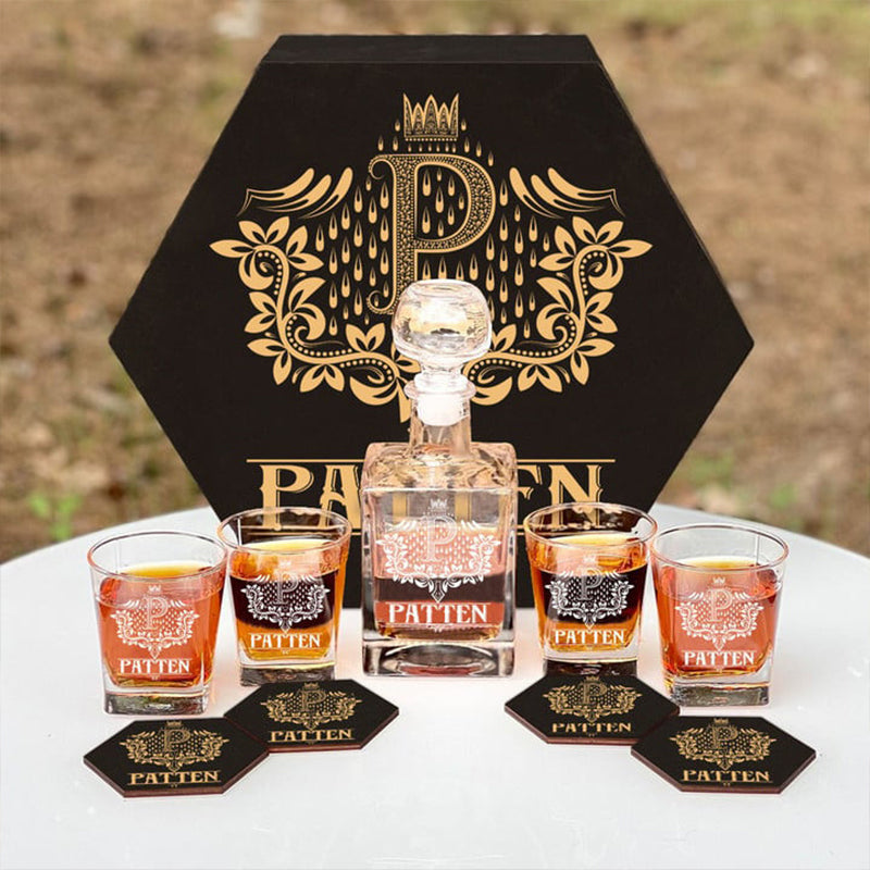 PATTEN - WHISKEY SET (Wooden box + Decanter + 4 Glasses + 4 Coasters), Ideal Father's Day Presents for Dad and Grandpa