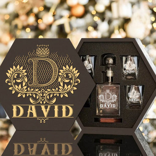 DAVID - WHISKEY SET (Wooden box + Decanter + 4 Glasses + 4 Coasters), Special Father's Day Presents for Dad & Grandpa