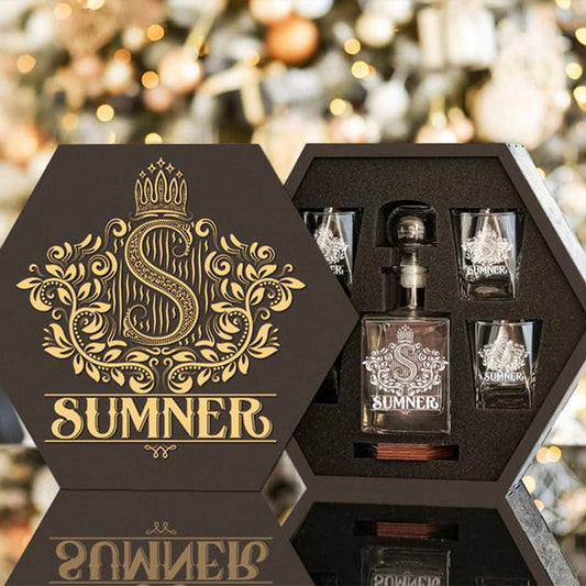 SUMNER - WHISKEY SET (Wooden box + Decanter + 4 Glasses + 4 Coasters), Perfect Father's Day Gift For Dad & Grandpa