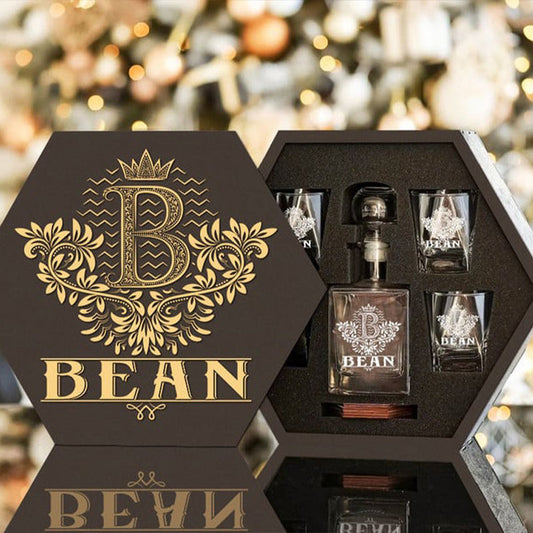 BEAN - WHISKEY SET (Wooden box + Decanter + 4 Glasses + 4 Coasters), Perfect Father's Day Gift For Dad & Grandpa