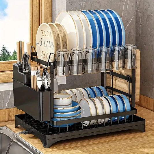 [Space-Saving Dish Rack] 2-Tier Metal Dish Drying Rack with Drain Board | Space-Saving Kitchen Organizer for