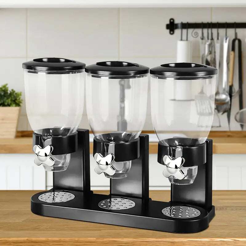 Grain Dispenser & Oatmeal Storage Container with Flip-Top Lid & 3 Dispensing Compartments - Durable Plastic Kitchen